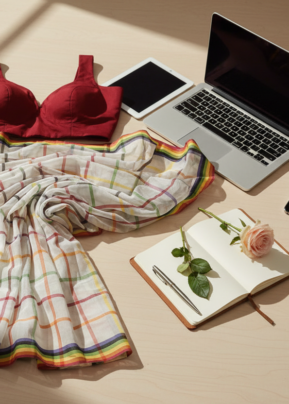 RANGREKHA Rainbow-Checked White Cotton Saree