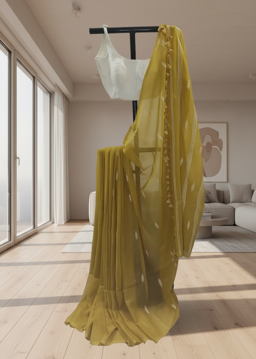Yellow cotton saree draped over a black rod in a modern living room.