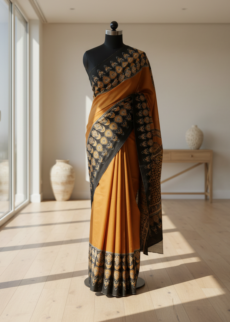 Mustard yellow cotton saree with black patterns on a mannequin against a neutral background