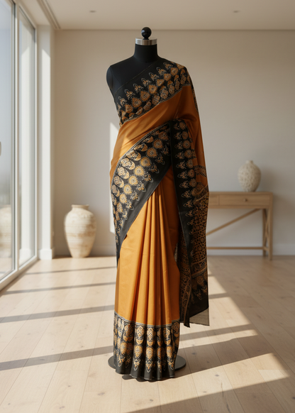 Mustard yellow cotton saree with black patterns on a mannequin against a neutral background