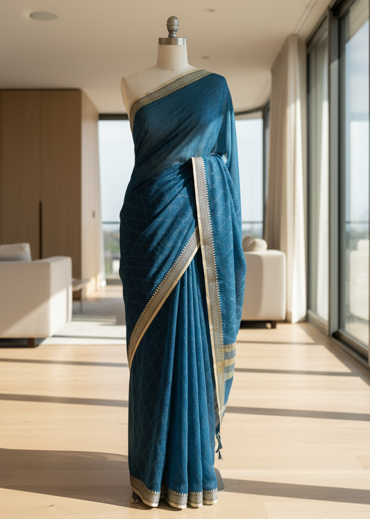 Blue cotton saree with a gold border on a mannequin in a modern interior setting