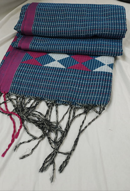 Neel Rekha Kantha Stitch Cotton Saree