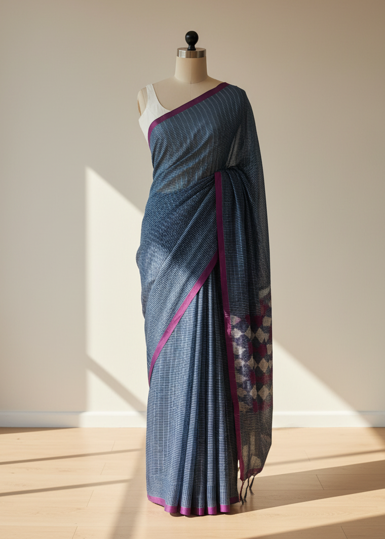 Blue kantha stitch saree with a pink border on a mannequin against a plain background