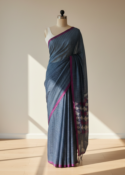 Blue kantha stitch saree with a pink border on a mannequin against a plain background