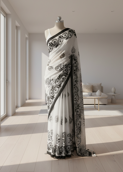 White cotton saree with black patterns on a mannequin in a bright room.