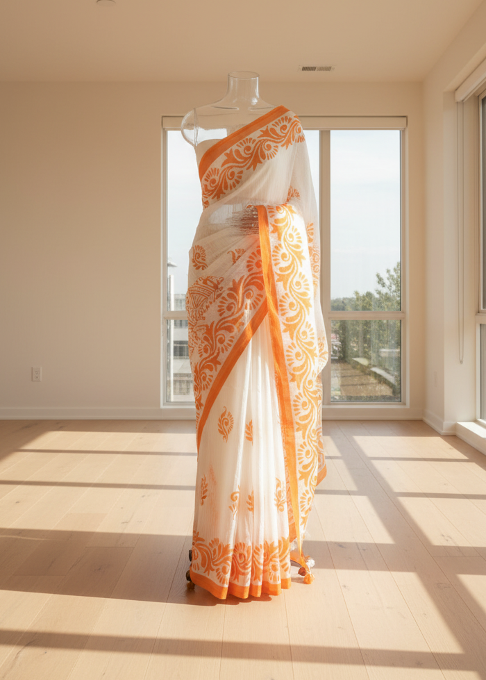 White cotton saree with orange border on a mannequin in a room with large windows.