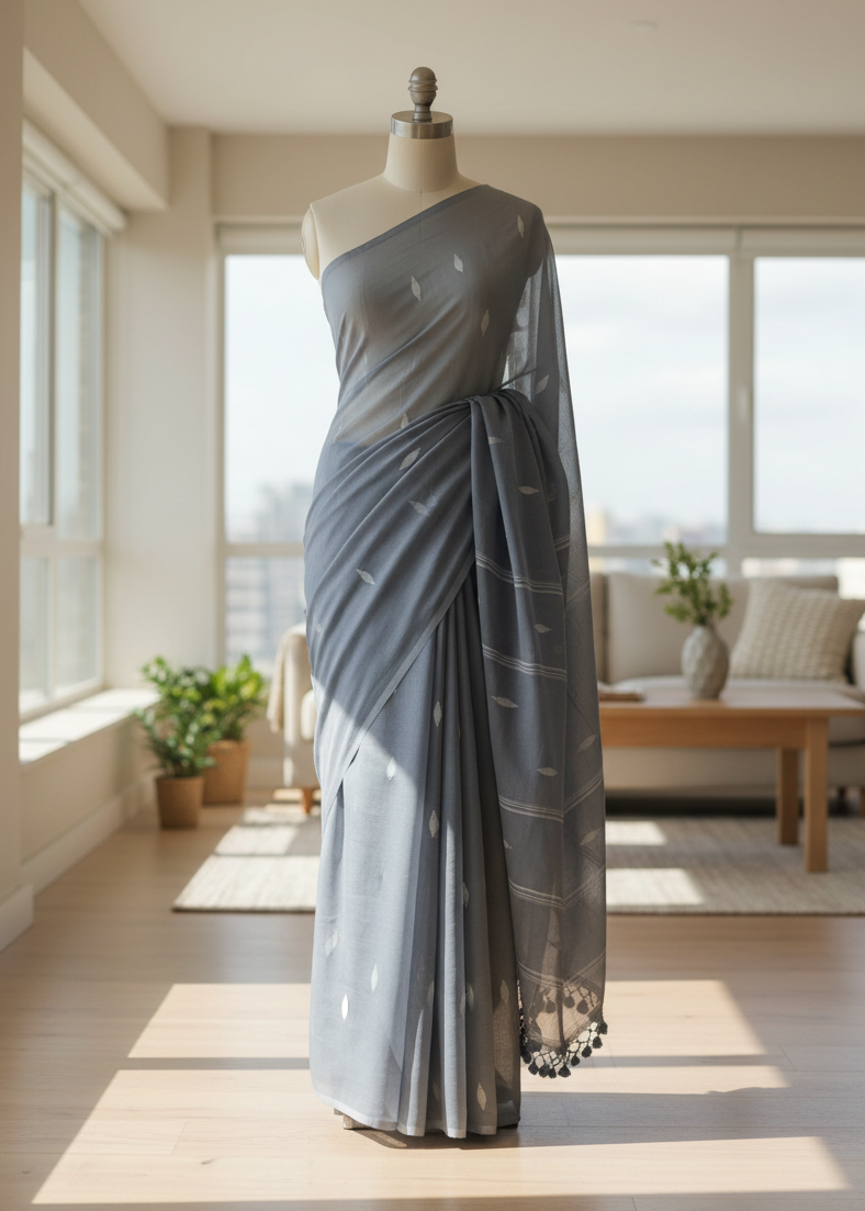 Gray cotton saree on a mannequin in a bright room with large windows. 