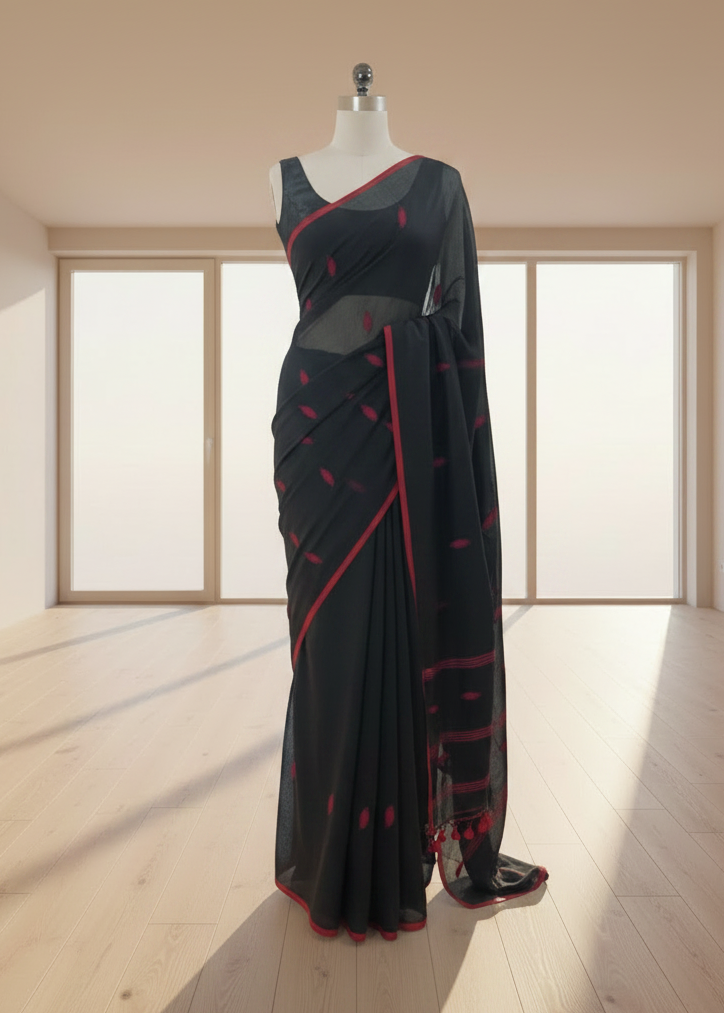Black cotton saree with red patterns on a mannequin against a neutral background