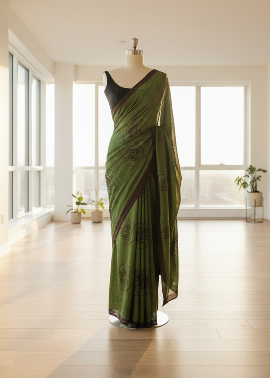 Green cotton saree on a mannequin in a bright room with large windows.