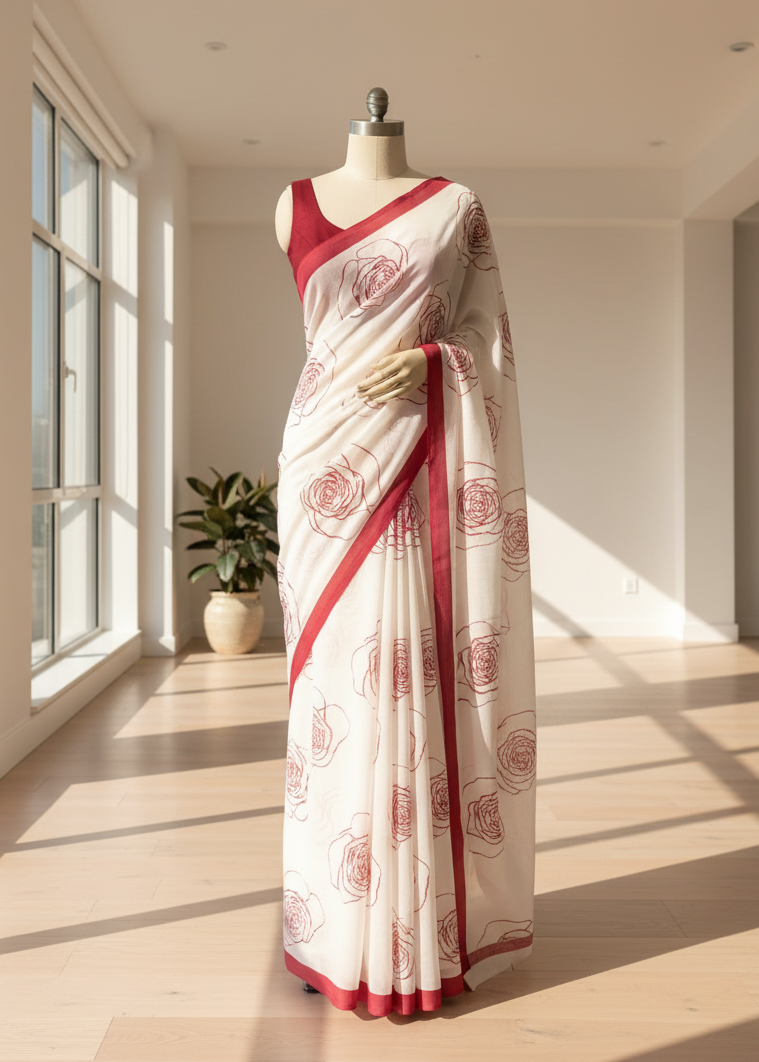 White cotton saree with red border on a mannequin in a bright room with large windows.