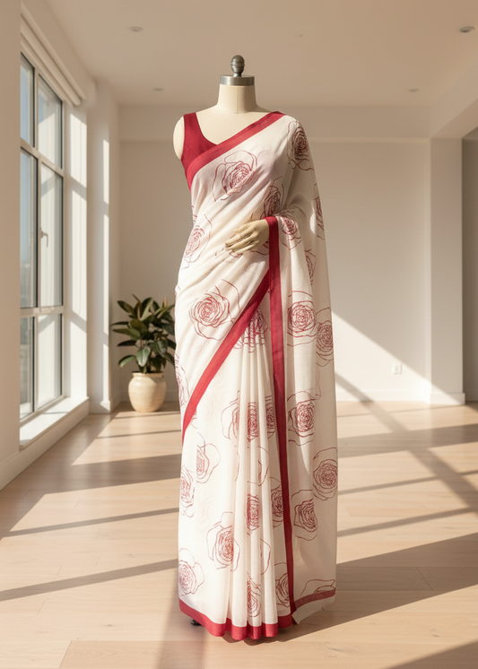 White cotton saree with red border on a mannequin in a bright room with large windows.