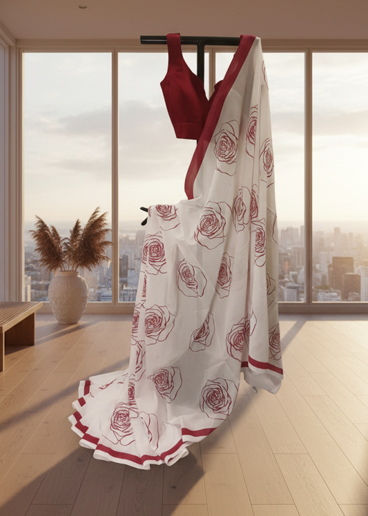 White saree with red rose patterns and a matching blouse draped over a black rod against a plain background.