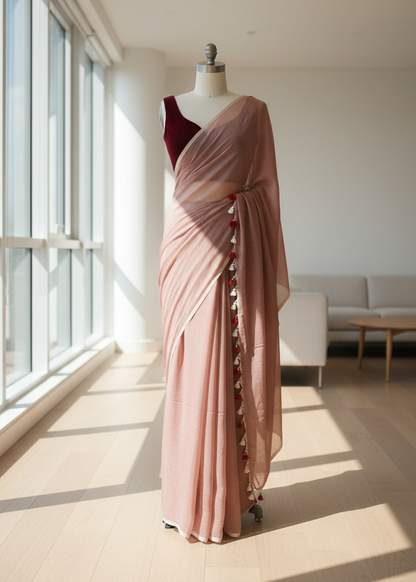 Peach mul cotton saree
