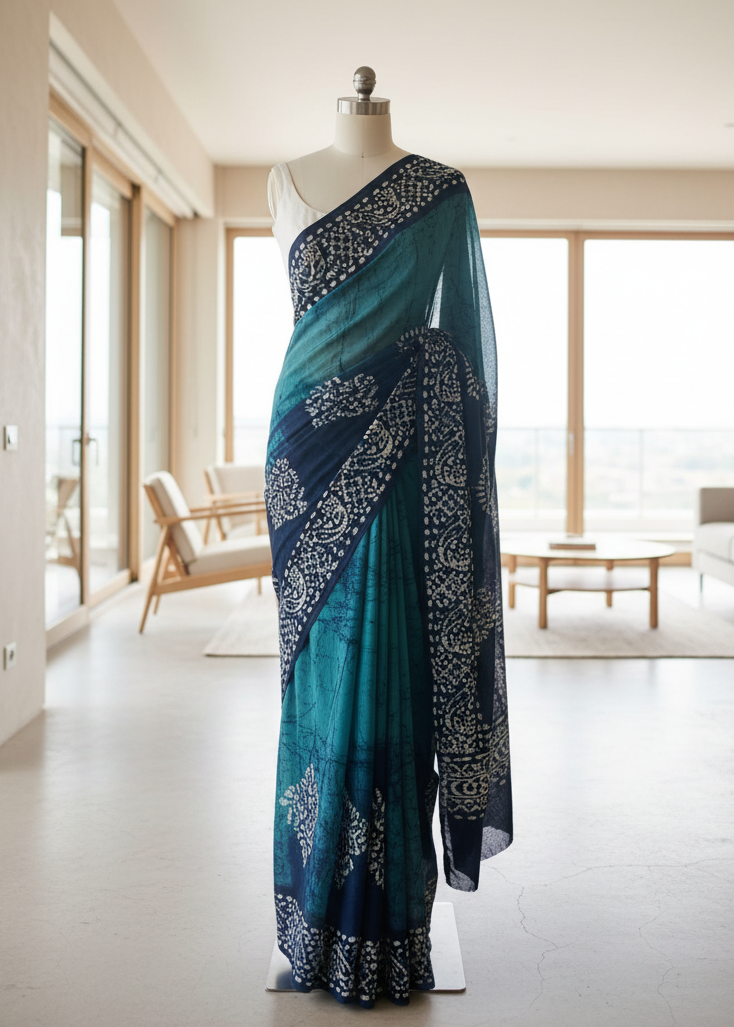 Blue and black saree with intricate patterns on a mannequin in a room.