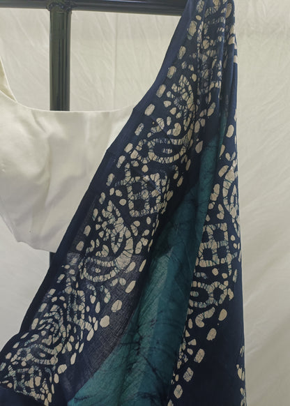 Navy blue fabric with intricate white patterns on a white background