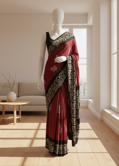 Red cotton saree with black and gold patterns on a mannequin in a bright room.
