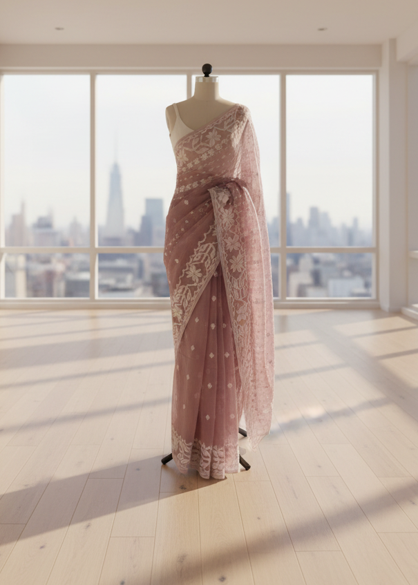 Gulabi Noor Jamdani Linen Saree