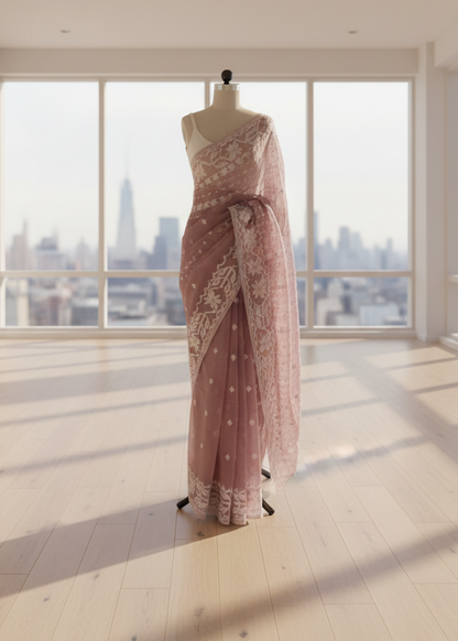 Gulabi Noor Jamdani Linen Saree