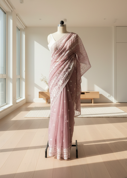 Gulabi Noor Jamdani Linen Saree