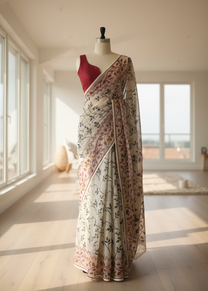jamdani Saree on a mannequin in a bright room with large windows