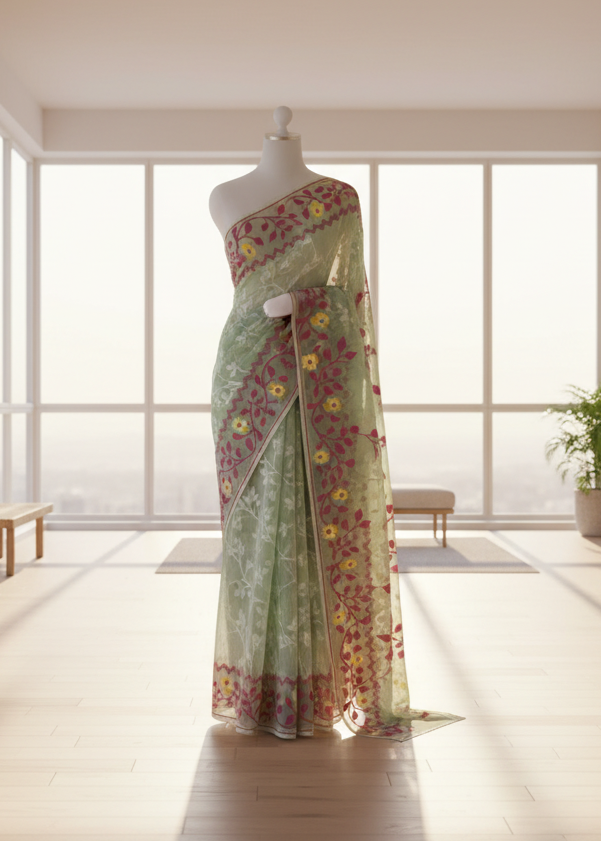 Madhavi Green Jamdani Muslin Saree