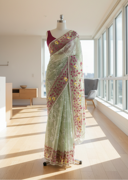 Madhavi Green Jamdani Muslin Saree