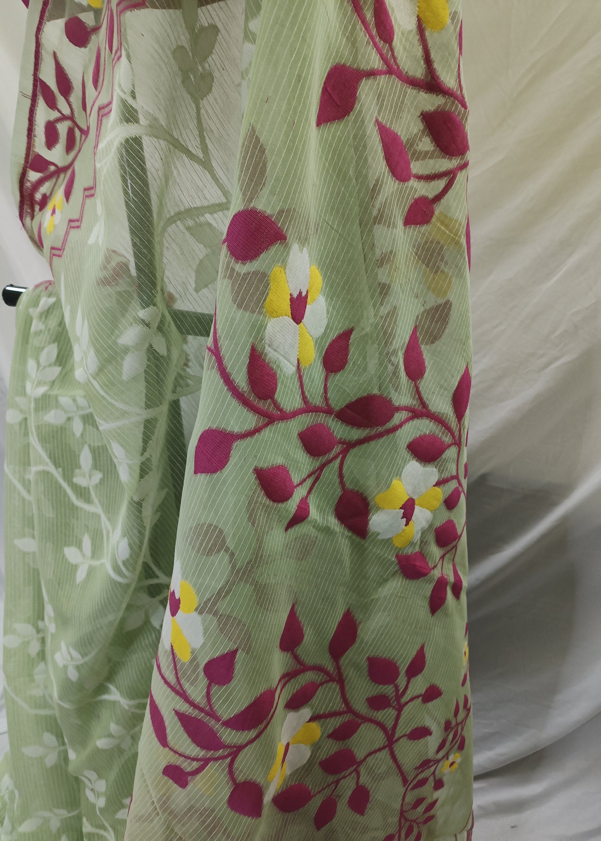 Green fabric with floral pattern on a white background