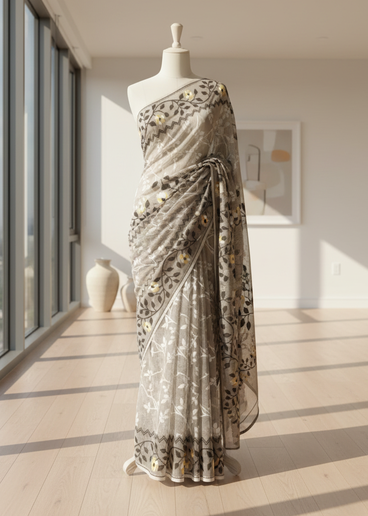 jamdani Saree on a mannequin in a room with large windows and a vase.