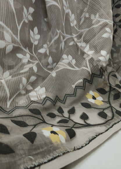 Close-up of a floral patterned fabric with leaves and flowers.