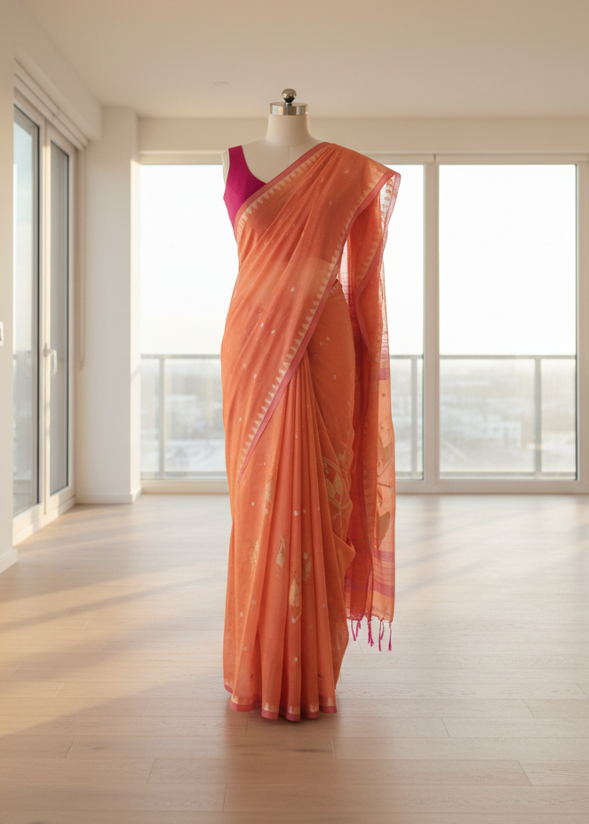 Orange cotton jamdani saree with a pink blouse on a mannequin in a bright room with large windows.