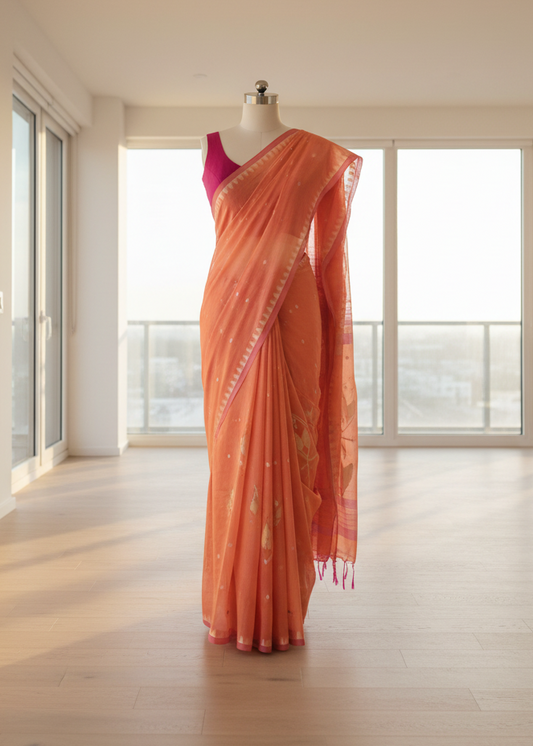 Orange cotton jamdani saree with a pink blouse on a mannequin in a bright room with large windows.