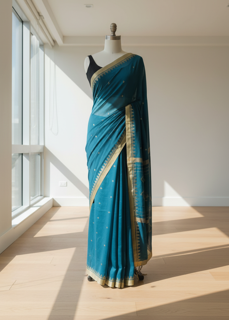 Teal cotton saree with gold border on a mannequin against a bright window backdrop