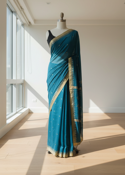 Teal cotton saree with gold border on a mannequin against a bright window backdrop