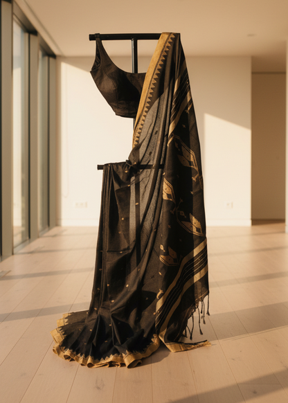 Black and gold dress on a mannequin in a minimal indoor setting