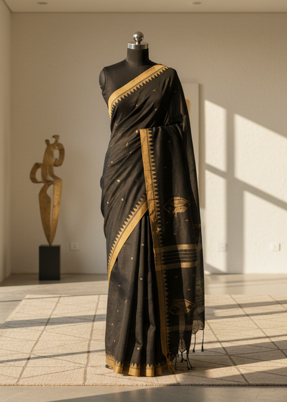 Black saree with gold border on a mannequin in a room with sunlight streaming in.