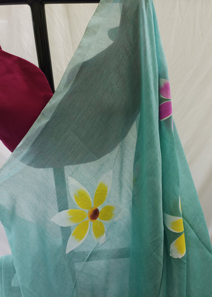 Green fabric with floral patterns on a white background