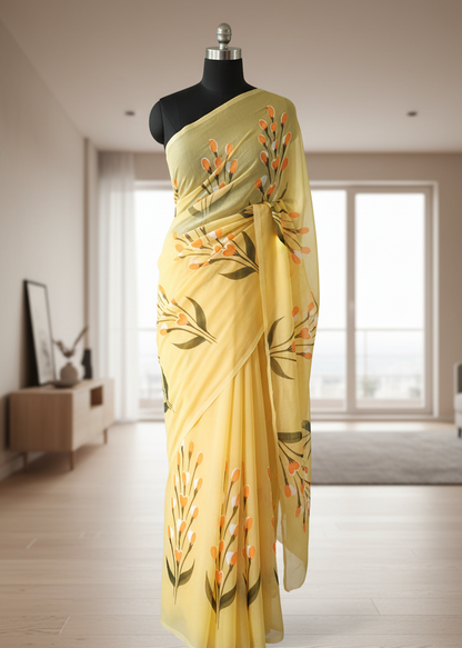 Yellow mul cottonsaree with floral patterns on a mannequin against a neutral background