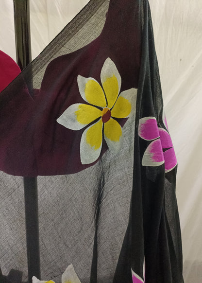 Black fabric with colorful flower designs on a plain background