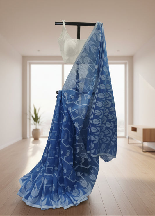 Blue patterned fabric draped over a black rod with a white background