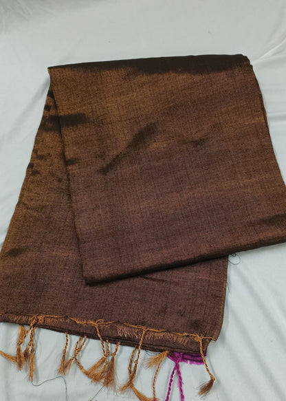 Brown saree with fringes on a white background