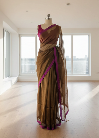 Brown linen saree with purple border on a mannequin in a room with large windows.