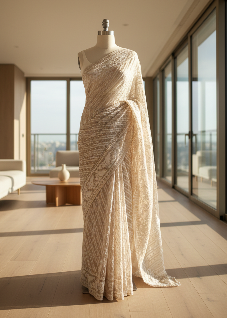 Beige saree on a mannequin in a room with large windows