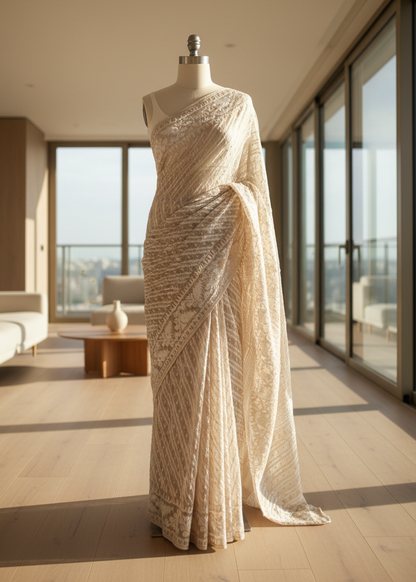 Beige saree on a mannequin in a room with large windows