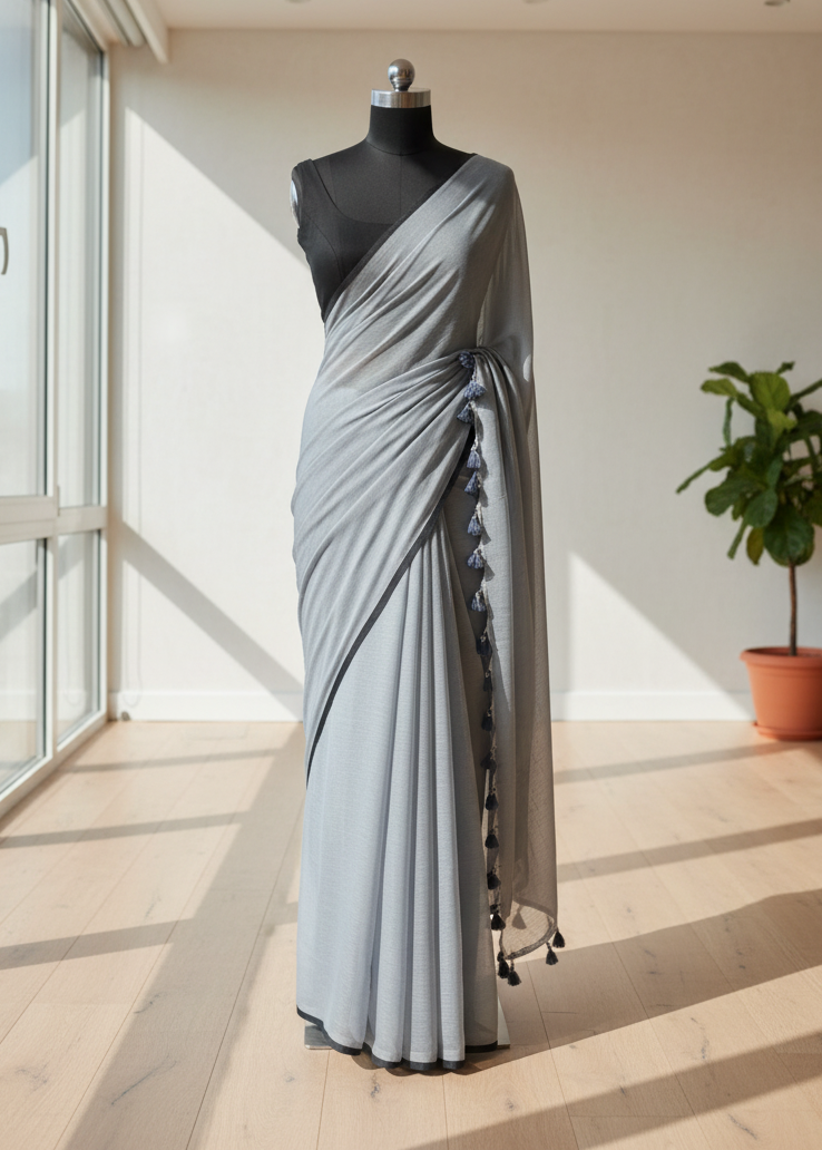 Gray saree with black border on a mannequin against a light background