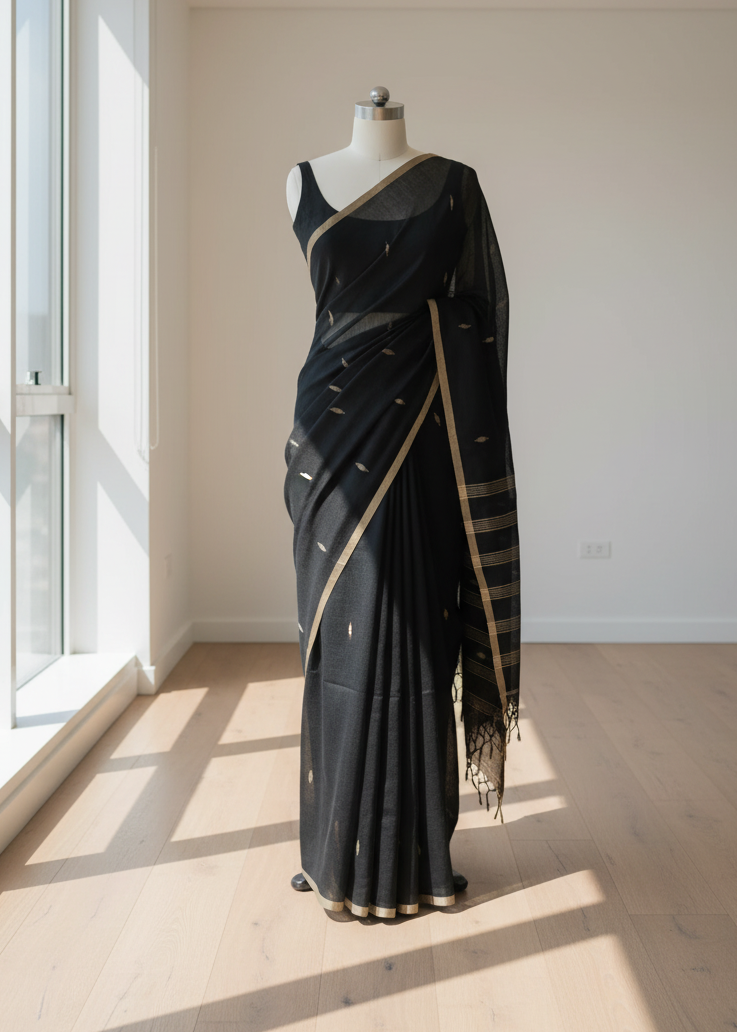 Black saree with gold border on a mannequin against a white wall.