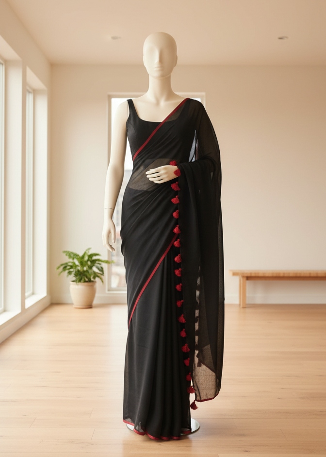 Black mul cotton saree with red accents on a mannequin in a room with large windows.