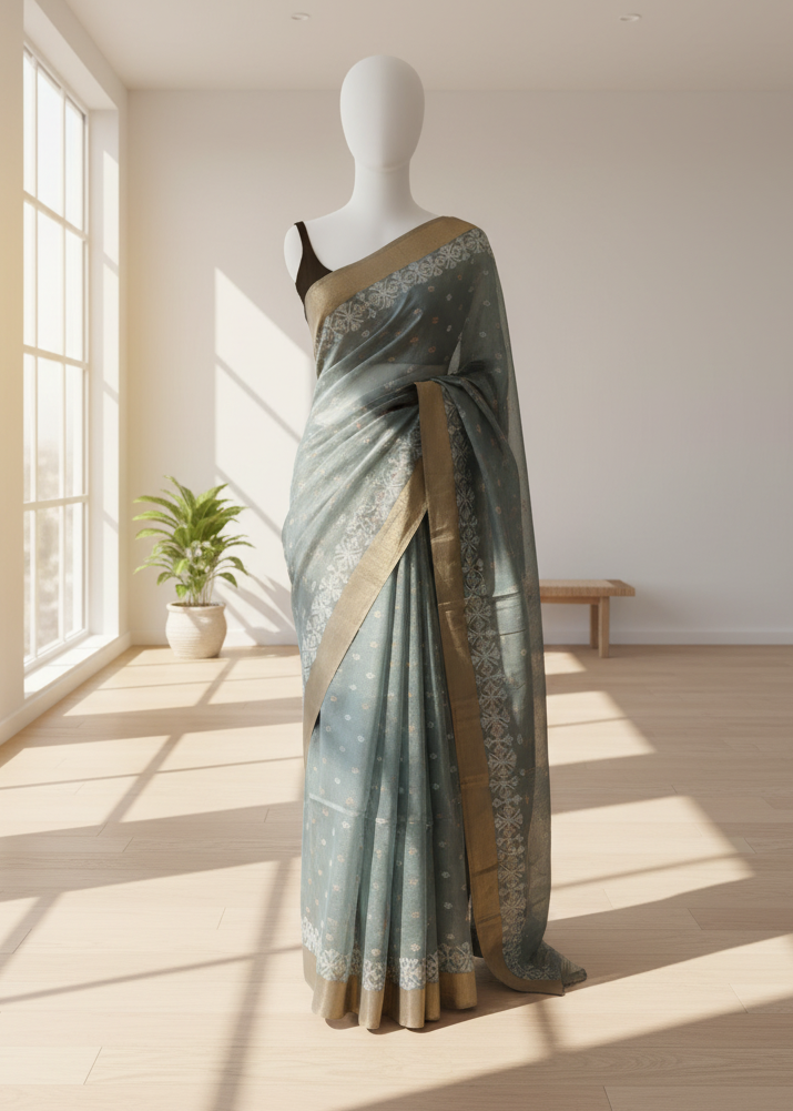 Mannequin wearing a light blue saree with a beige border in a bright room with large windows.