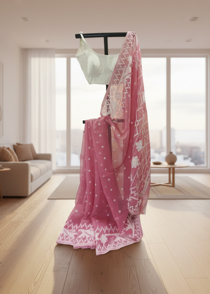 Gulika Pink Jamdani Cotton Saree