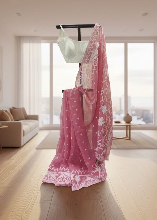 Gulika Pink Jamdani Cotton Saree