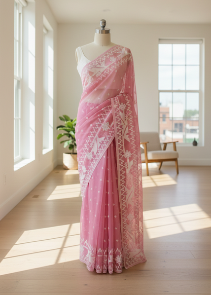 Pink saree with white patterns on a mannequin in a bright room.